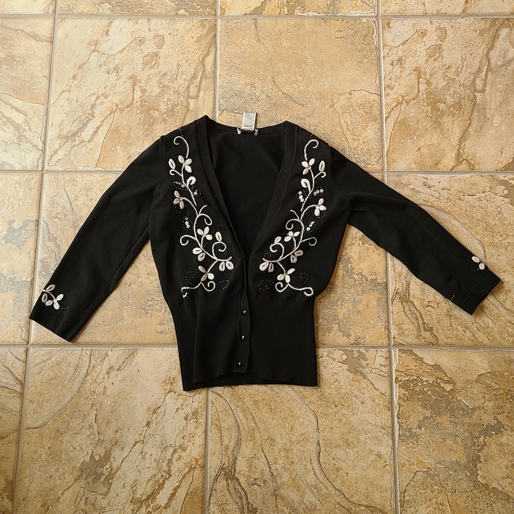 CACHE Black Embroidered Silk Cardigan (S)